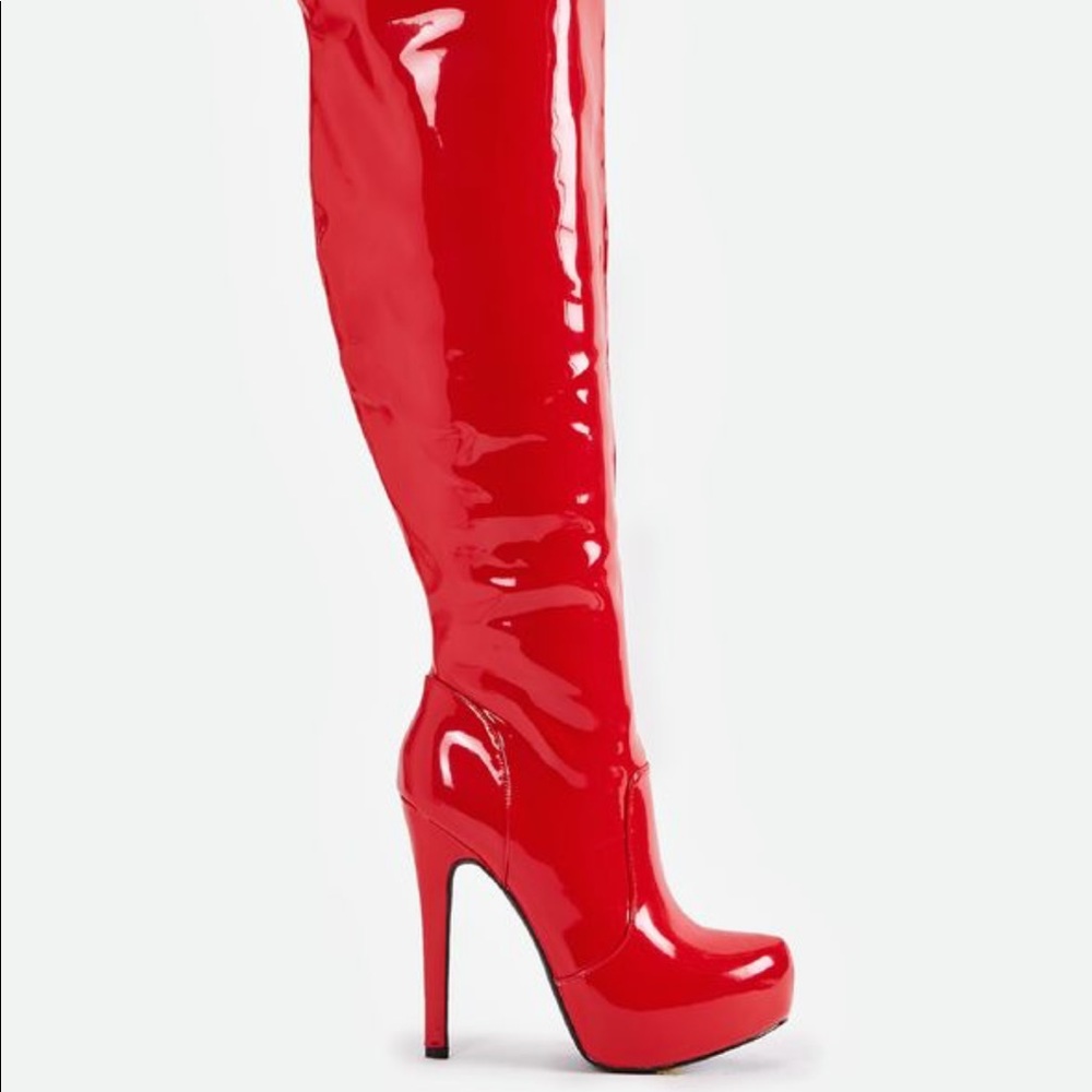 Red thigh high boots